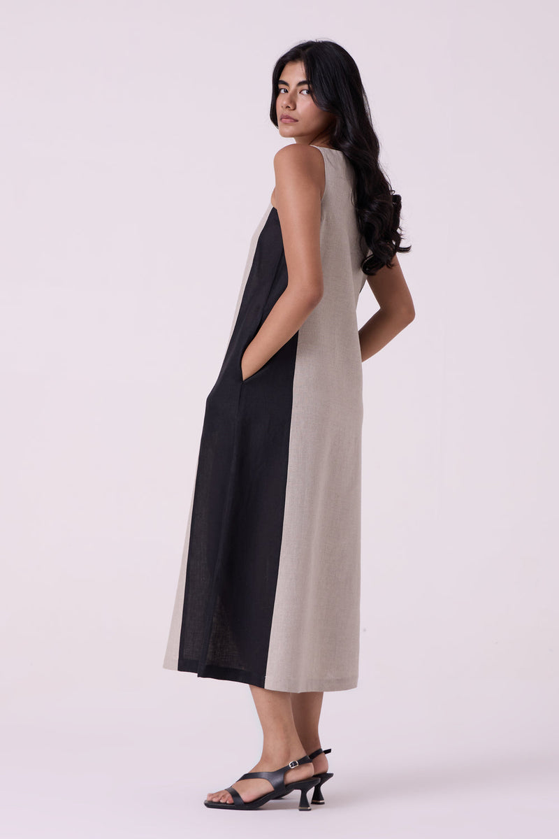 Kei Beige Linen Panelled Midi Dress linen dress by The Summer House in beige for women in Singapore