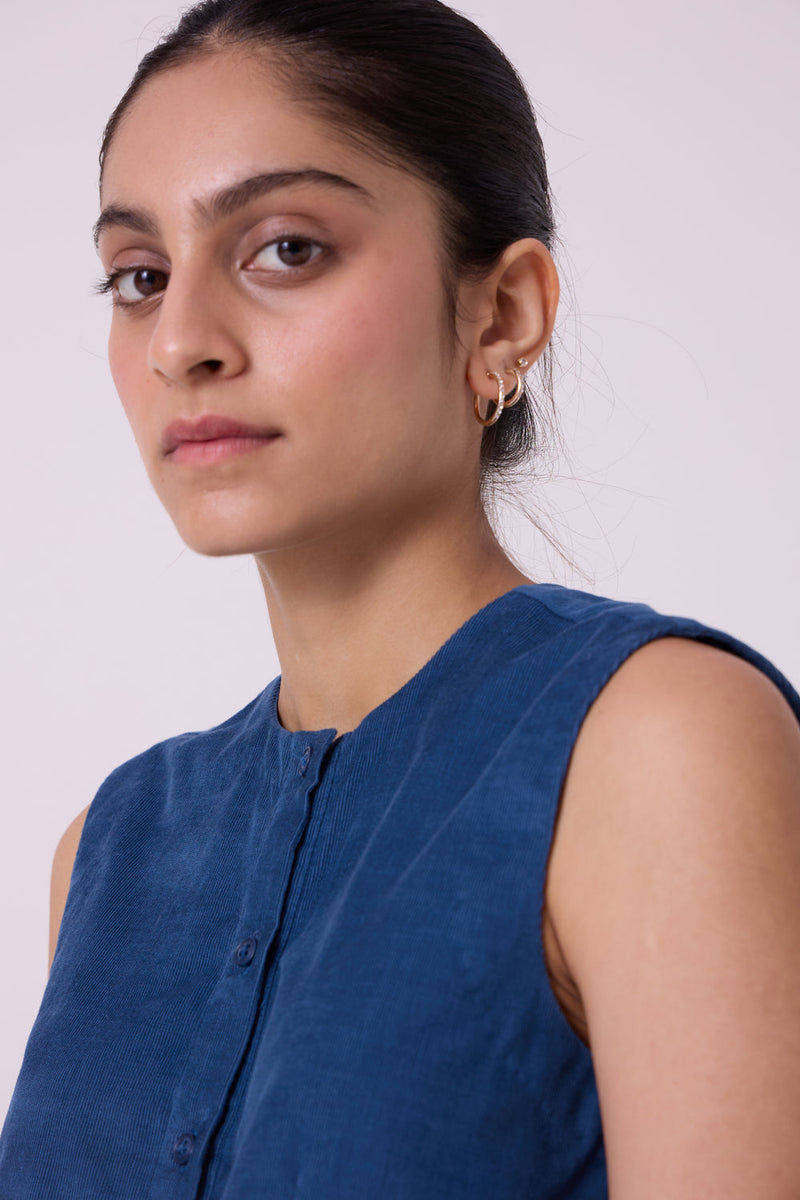 Wotton Blue Needlecord Top cotton corduroy top/shirt by The Summer House in blue for women in Singapore