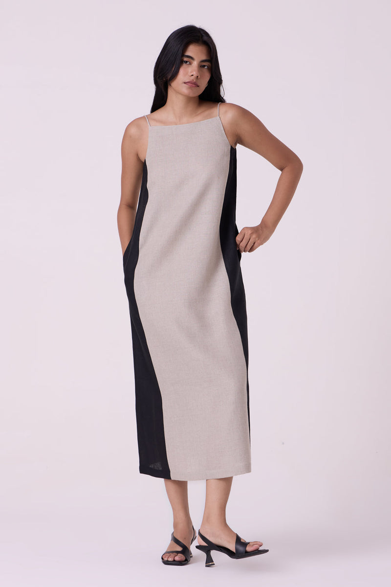 Kei Beige Linen Panelled Midi Dress linen dress by The Summer House in beige for women in Singapore