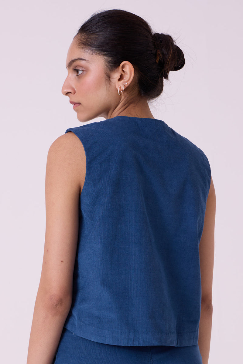 Wotton Blue Needlecord Top cotton corduroy top/shirt by The Summer House in blue for women in Singapore