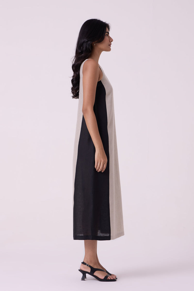 Kei Beige Linen Panelled Midi Dress linen dress by The Summer House in beige for women in Singapore