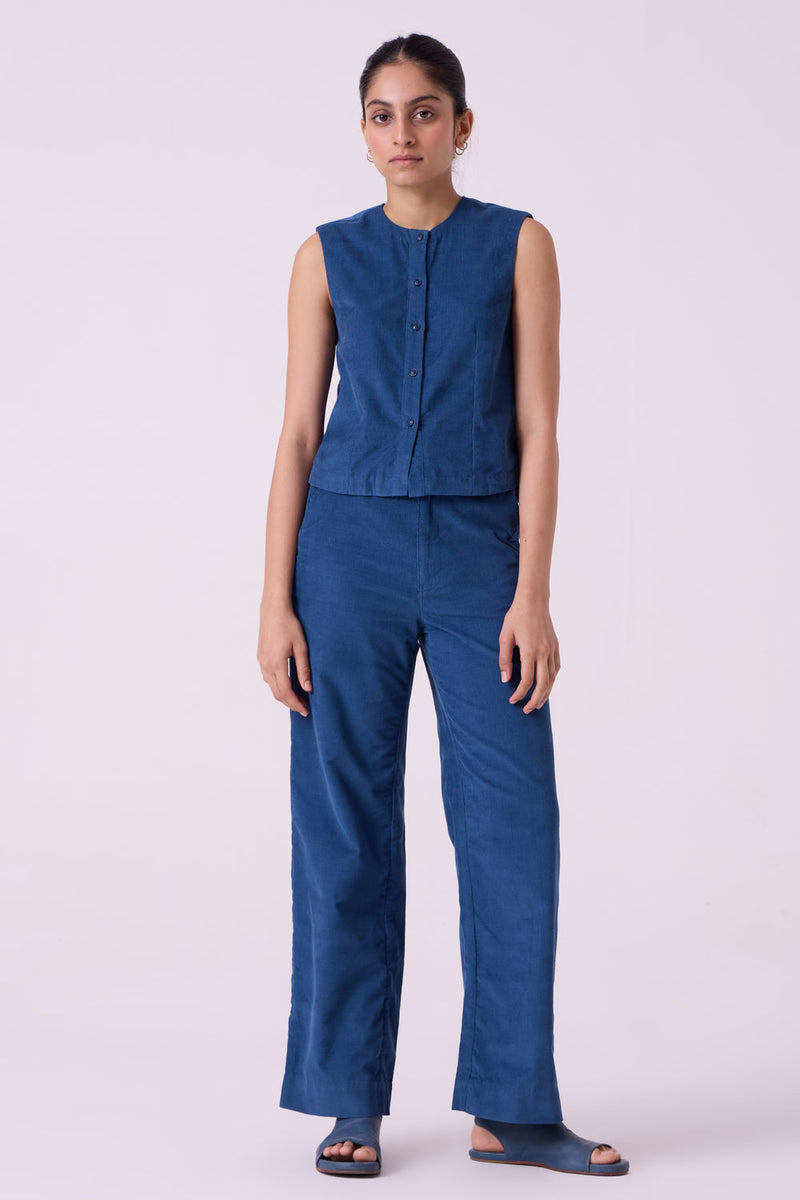 Wotton Blue Needlecord Top cotton corduroy top/shirt by The Summer House in blue for women in Singapore