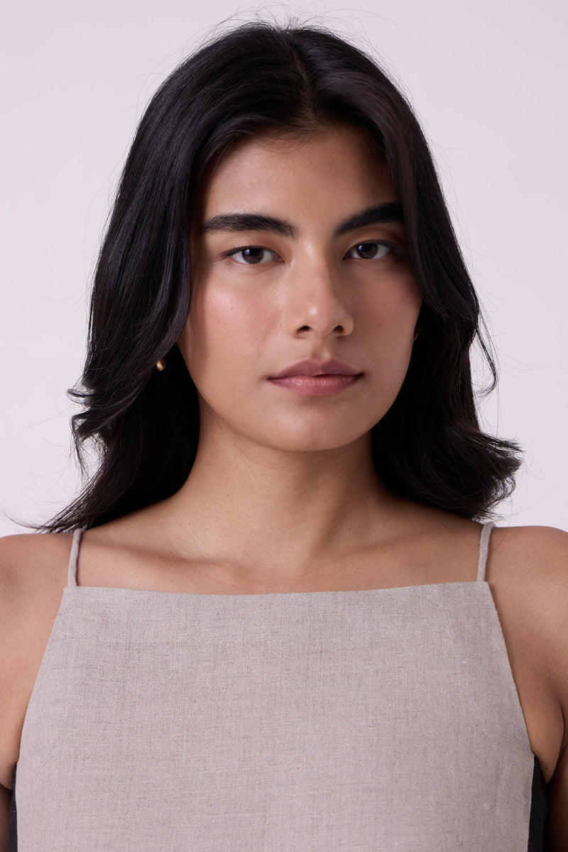 Kei Beige Linen Panelled Midi Dress linen dress by The Summer House in beige for women in Singapore