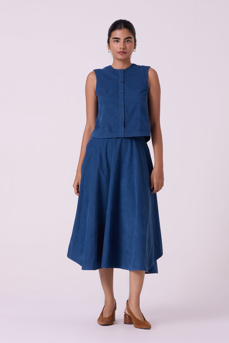 Wotton Blue Needlecord Top cotton corduroy top/shirt by The Summer House in blue for women in Singapore