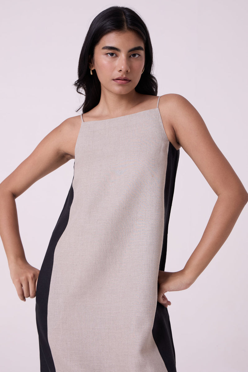Kei Beige Linen Panelled Midi Dress linen dress by The Summer House in beige for women in Singapore