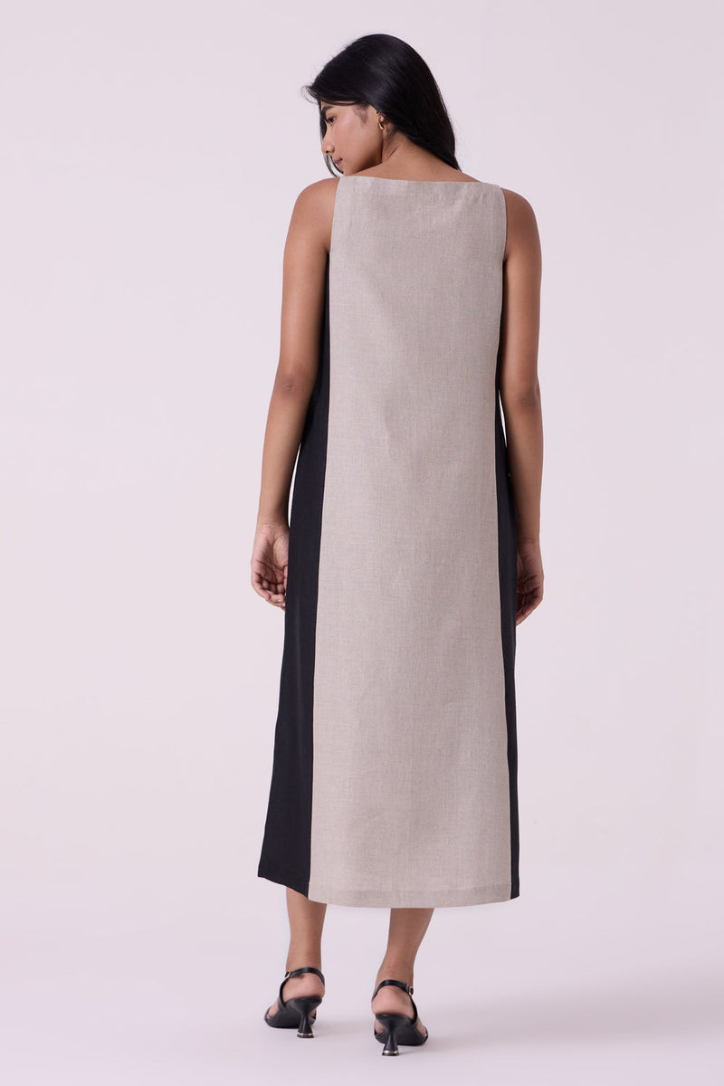 Kei Beige Linen Panelled Midi Dress linen dress by The Summer House in beige for women in Singapore
