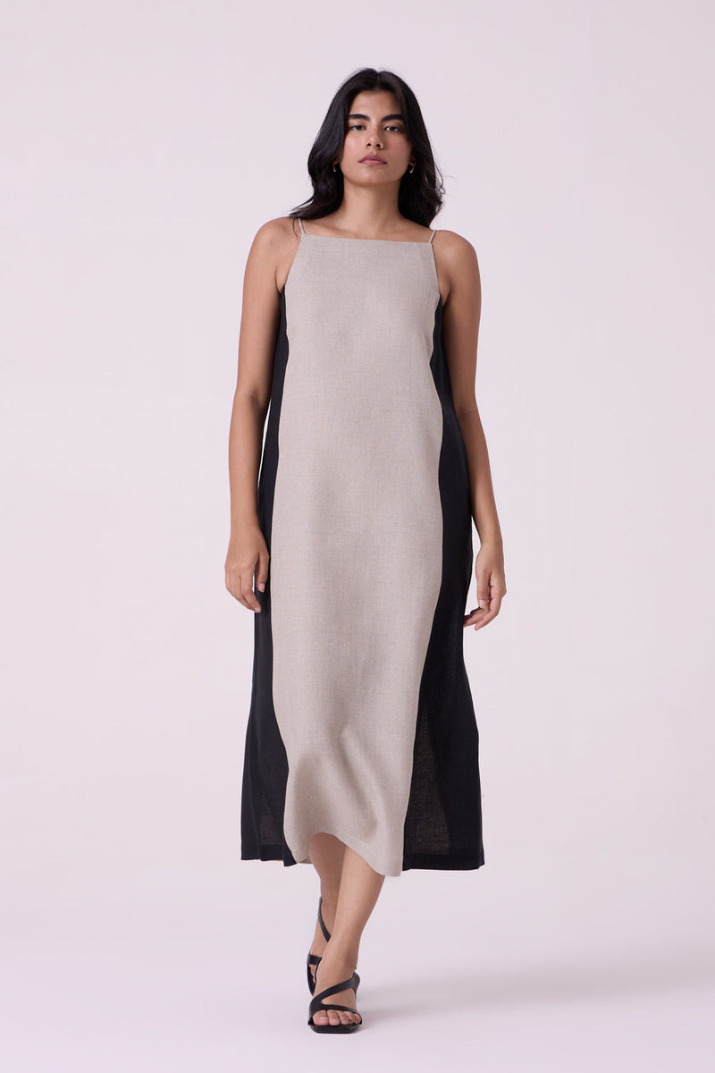 Kei Beige Linen Panelled Midi Dress linen dress by The Summer House in beige for women in Singapore