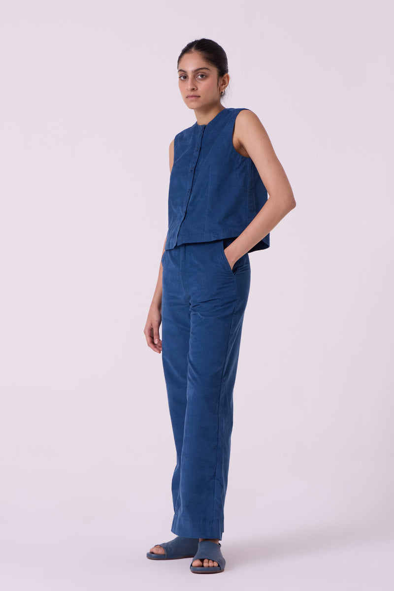 Hatchi Blue Needlecord Pants cotton corduroy pant/trouser by The Summer House in blue for women in Singapore