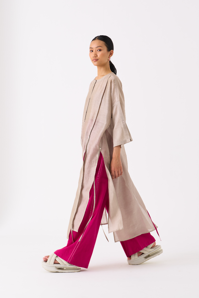 PANELLED TUNIC-ASH GREY chanderi by THREE in grey color for women in Singapore