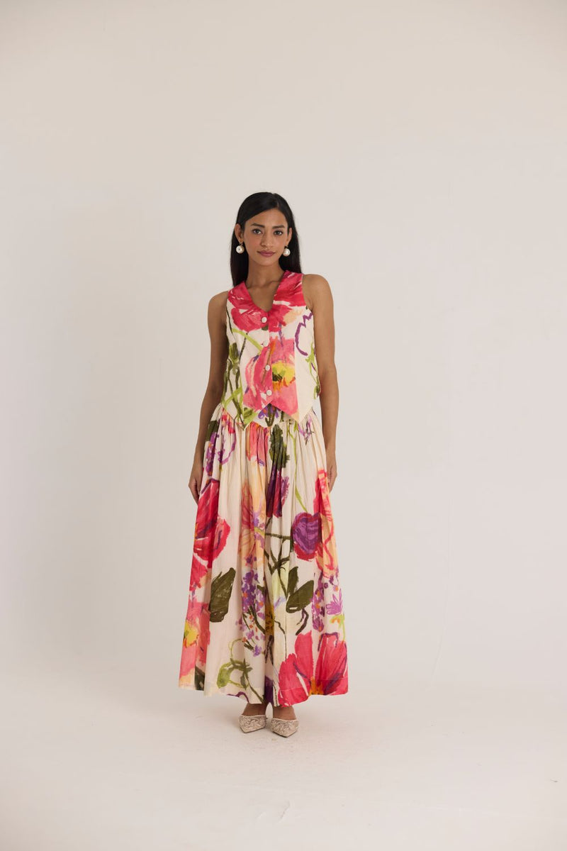 DOLLY WHITE WAISTCOAT & SKIRT SET cotton by Yam in multi color for women in Singapore