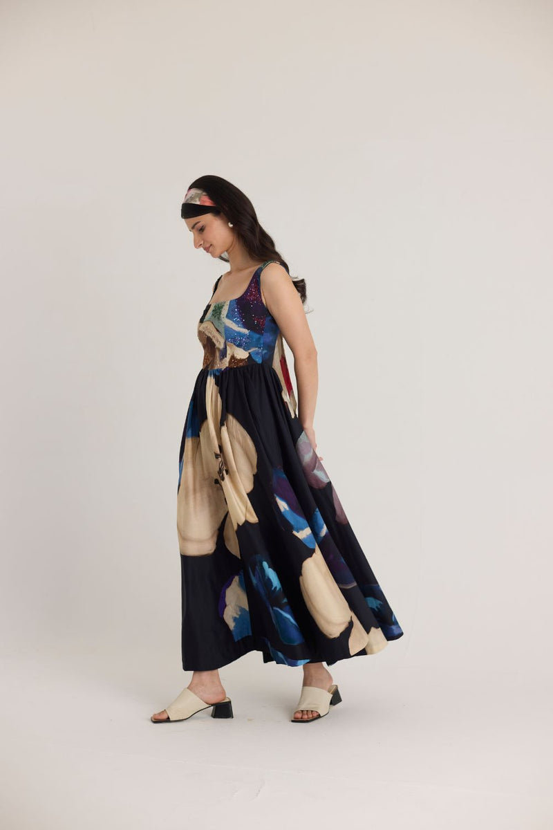 ROCCO EMBROIDERED DRESS satin by Yam in black color for women in Singapore