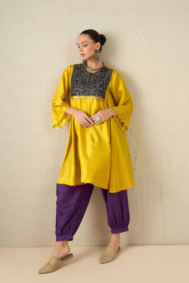 AFGHANI SILK SET - Yellow upper, Purple pants silk by Aavidi in yellow color for women in Singapore