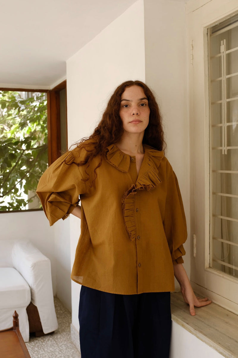 Charlotte-Gold Top handwoven cotton top/shirt by MASON AND MILL in mustard yellow for women in Singapore