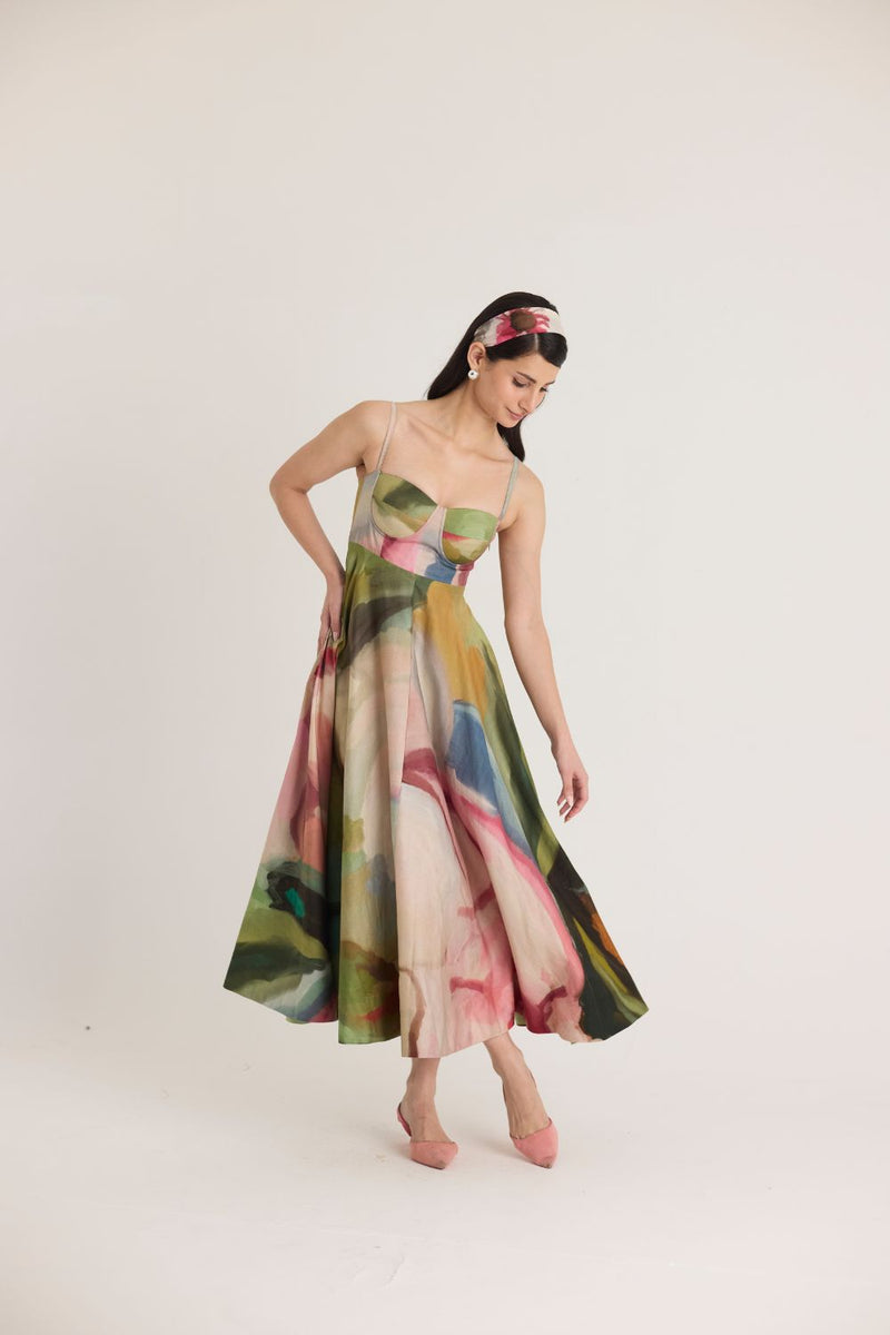 TILLY FLARED BRALETTE DRESS satin by Yam in multi color for women in Singapore
