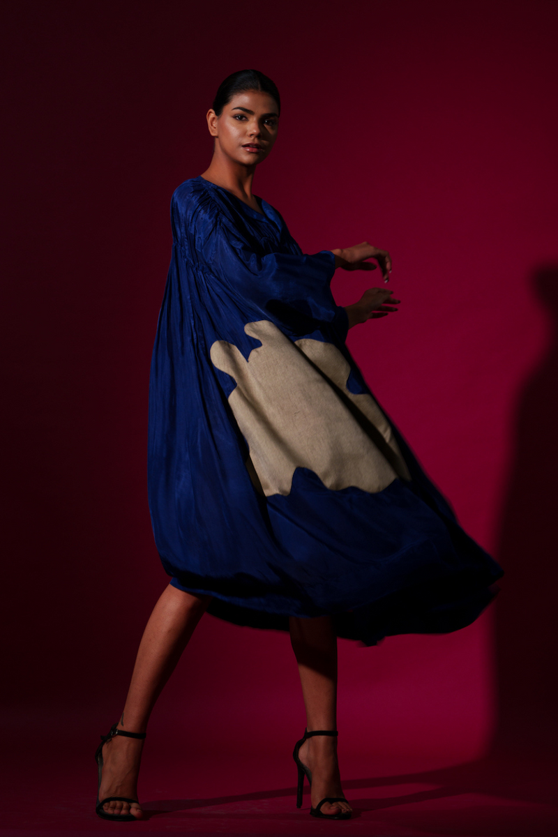 Rose Dress-Blue + Grey mysore silk dresses by Stoique in blue, grey for women in Singapore