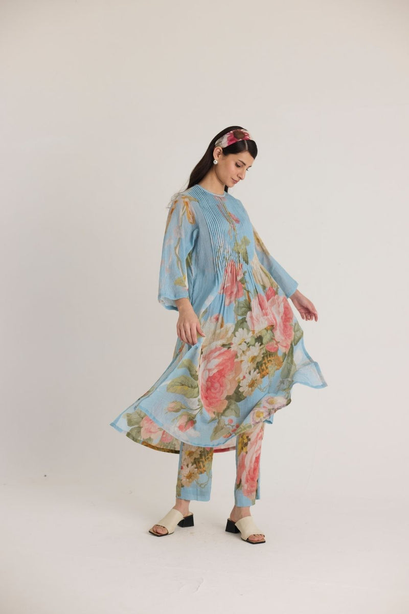TAFFY PINTUCKS KURTA SET cotton by Yam in blue color for women in Singapore