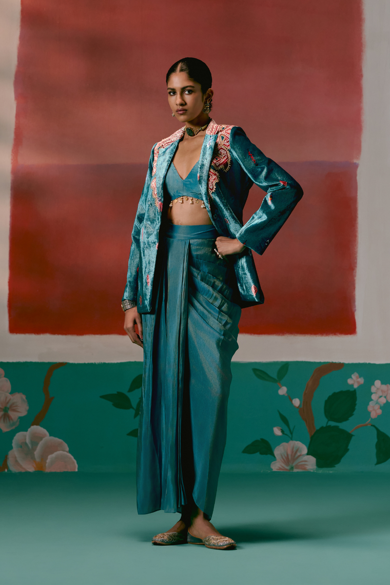 Teal Aztec Blazer Dhoti Set Buy Teal Aztec Blazer Dhoti Set from C&W | Co-Ord Sets for Women by Label Mogra in teal color for women in Singapore