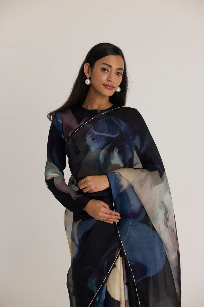 ROCCO HALF SILK & HALF ORGANZA SAREE organza by Yam in black color for women in Singapore