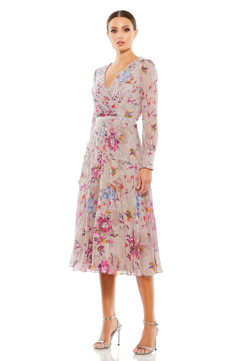 9147-Multicolor Hand Embellished Floral Long Sleeve Midi Dress mul by Mac Duggal in multi color for women in Singapore