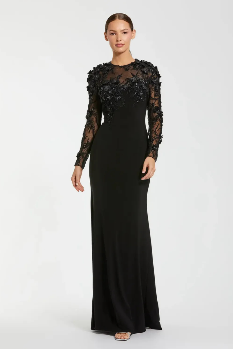 Black Long Sleeve Floral Embellished Column Gown by Mac Duggal in black color for women in Singapore