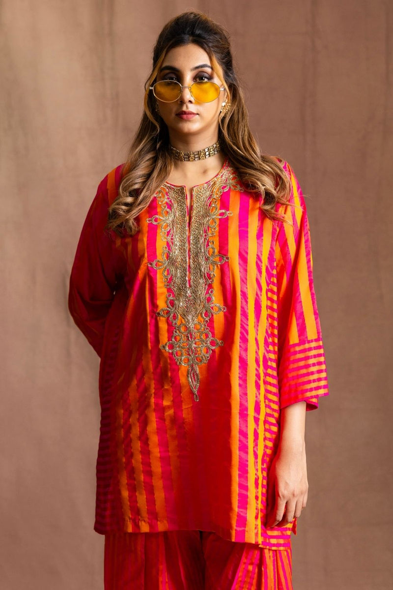 Silk Striped Farshi-Orange & Pink Stripes Pure Silk Kurta Set Sabo by Sabina — Canvas & Weaves Singapore