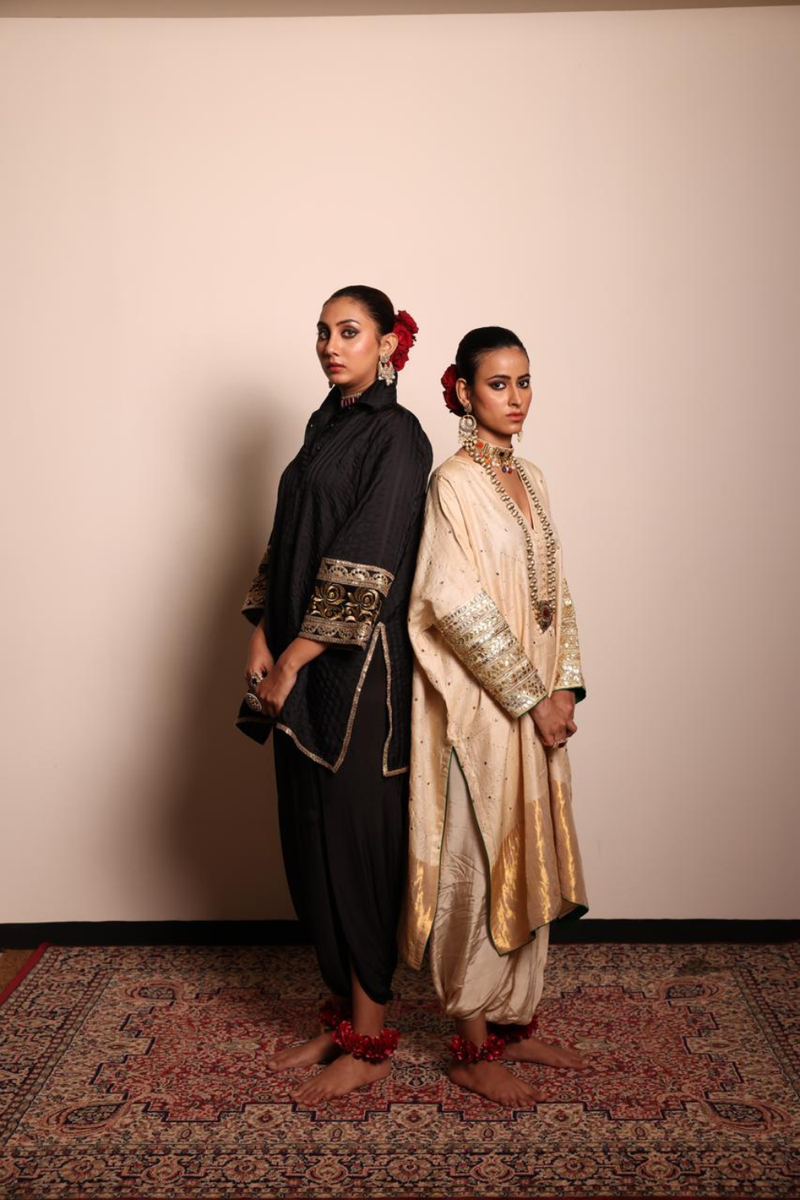 Black Silk Self Striped Shirt Dhoti Set