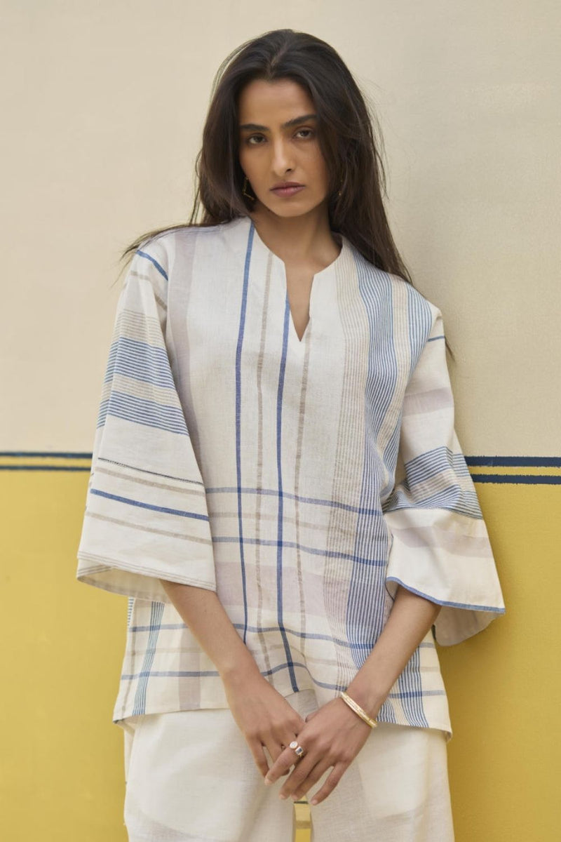 Kira Check Linen Top - Ivory linen by Manan in ivory color for women in Singapore