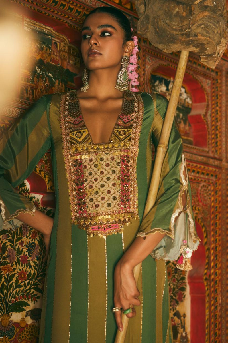 Khel Olive Green Yoke Embellished Kurta Set by Rajiramniq in green color for women in Singapore