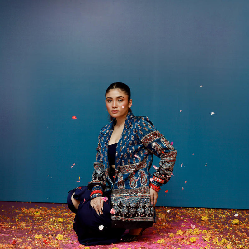 Baithak Blue Ajrak Blazer Set