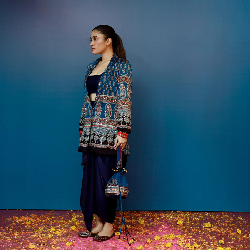 Baithak Blue Ajrak Blazer Set