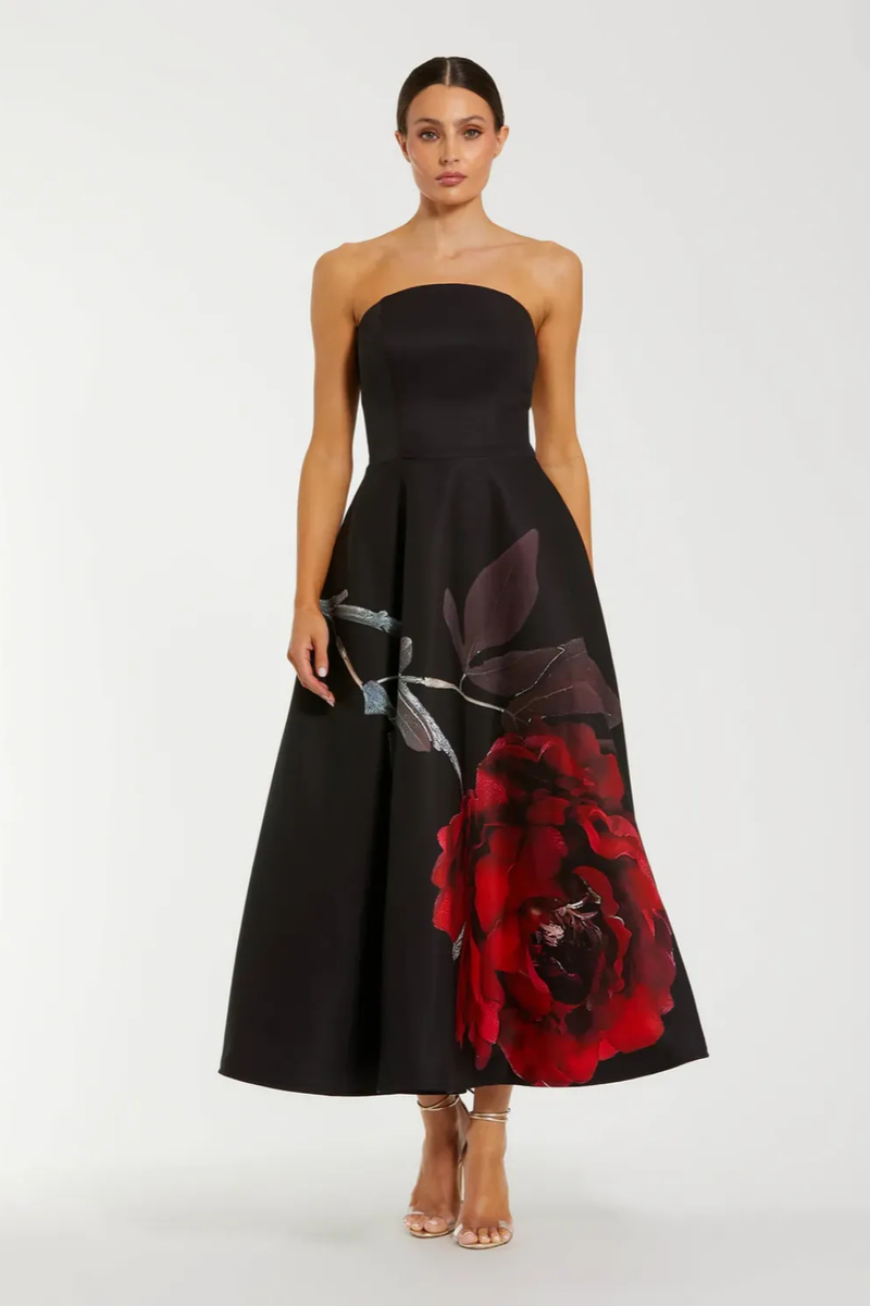 Black Crepe Printed Strapless Midi Dress With Pockets by Mac Duggal in black color for women in Singapore