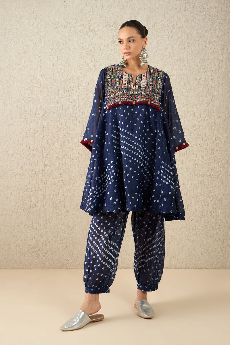 AFGHANI BANDHANI SET - Navy Blue silk by Aavidi in yellow color for women in Singapore