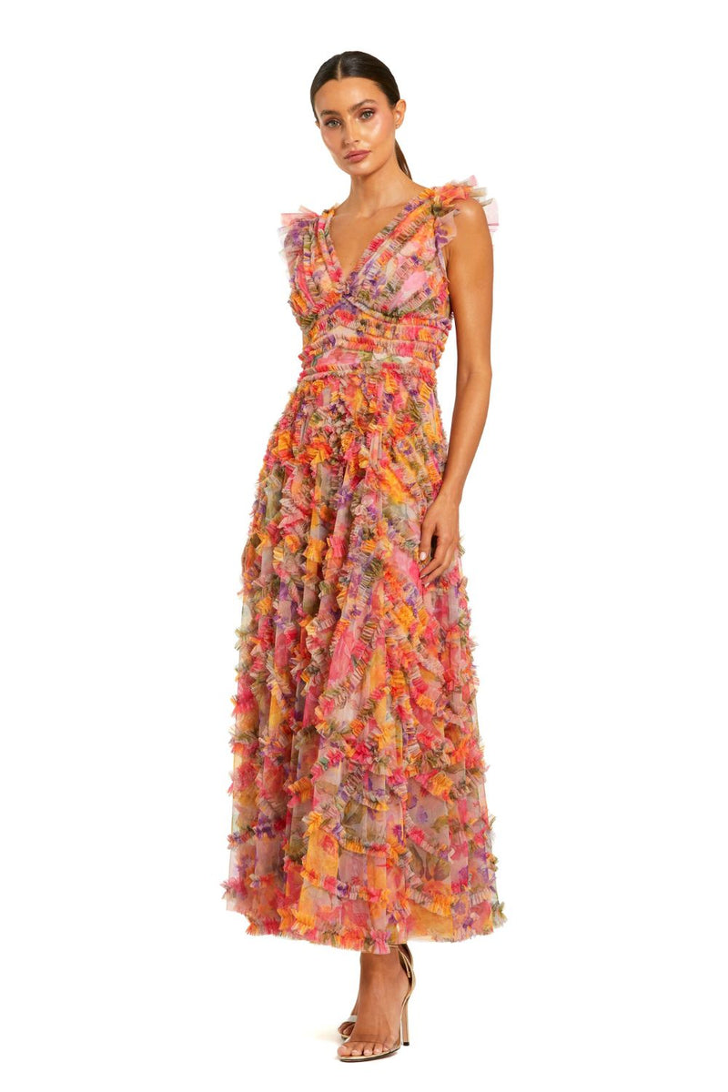 8303-Multicolor Floral V-neck Ruffle Maxi Dress mul by Mac Duggal in multi color for women in Singapore