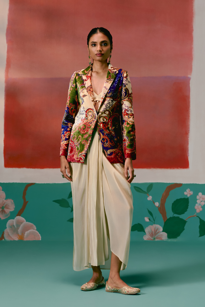 Paisley Blazer Dhoti Set Buy Paisley Blazer Dhoti Set from C&W | Co-Ord Sets for Women by Label Mogra in ecru color for women in Singapore