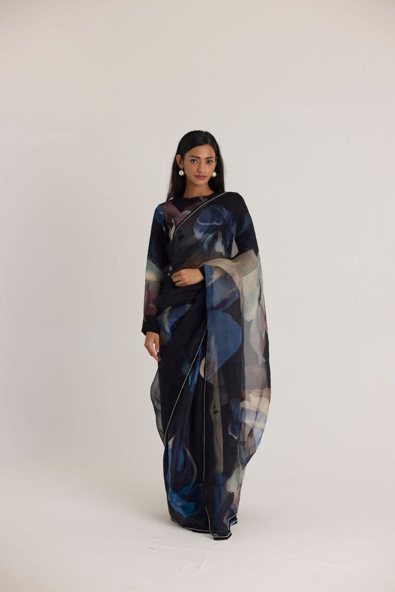ROCCO HALF SILK & HALF ORGANZA SAREE organza by Yam in black color for women in Singapore