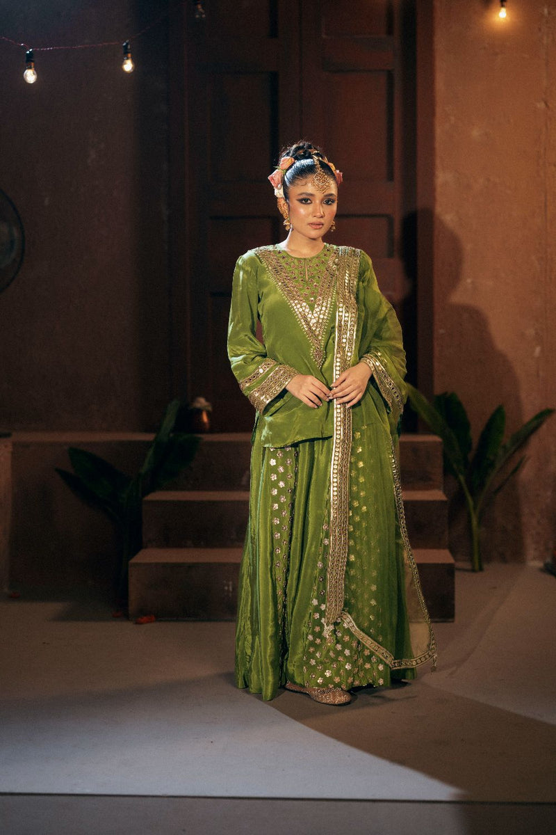 Sunira Short Top Sharara with Dupatta Set- Mehendi
