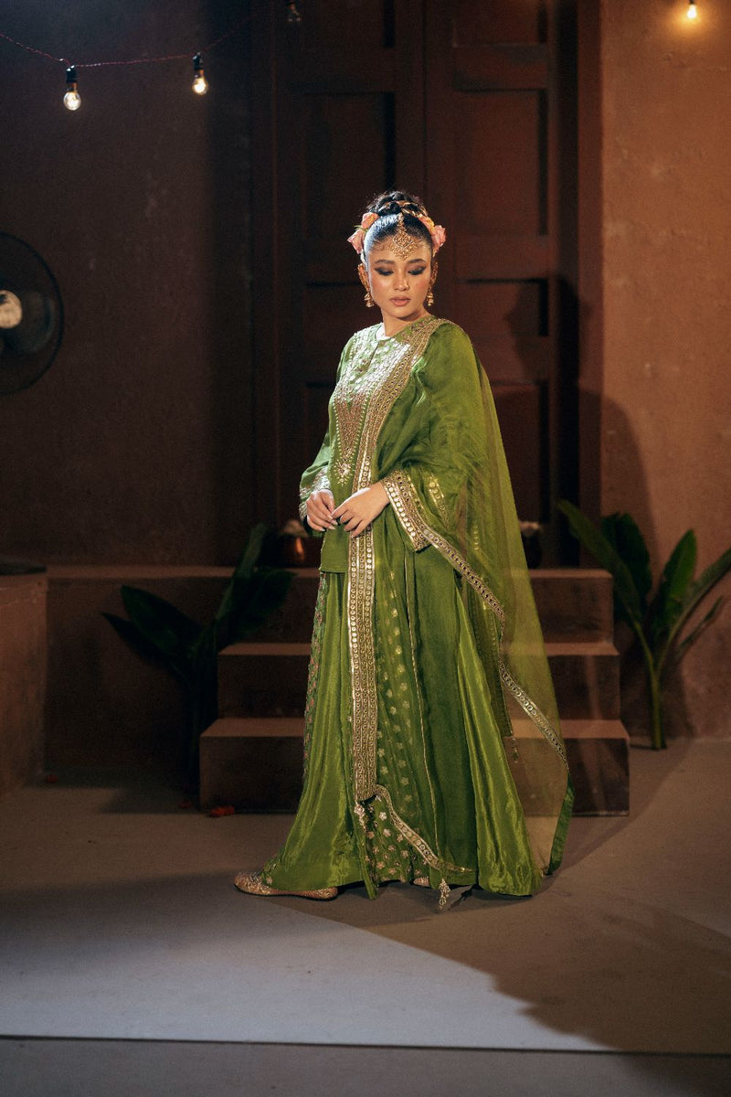 Sunira Short Top Sharara with Dupatta Set- Mehendi