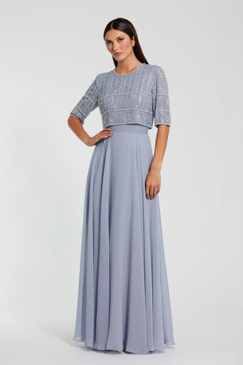 9180-Chiffon Gown w/ Fully Beaded 1/4 Sleeve Top by Mac Duggal in blue color for women in Singapore