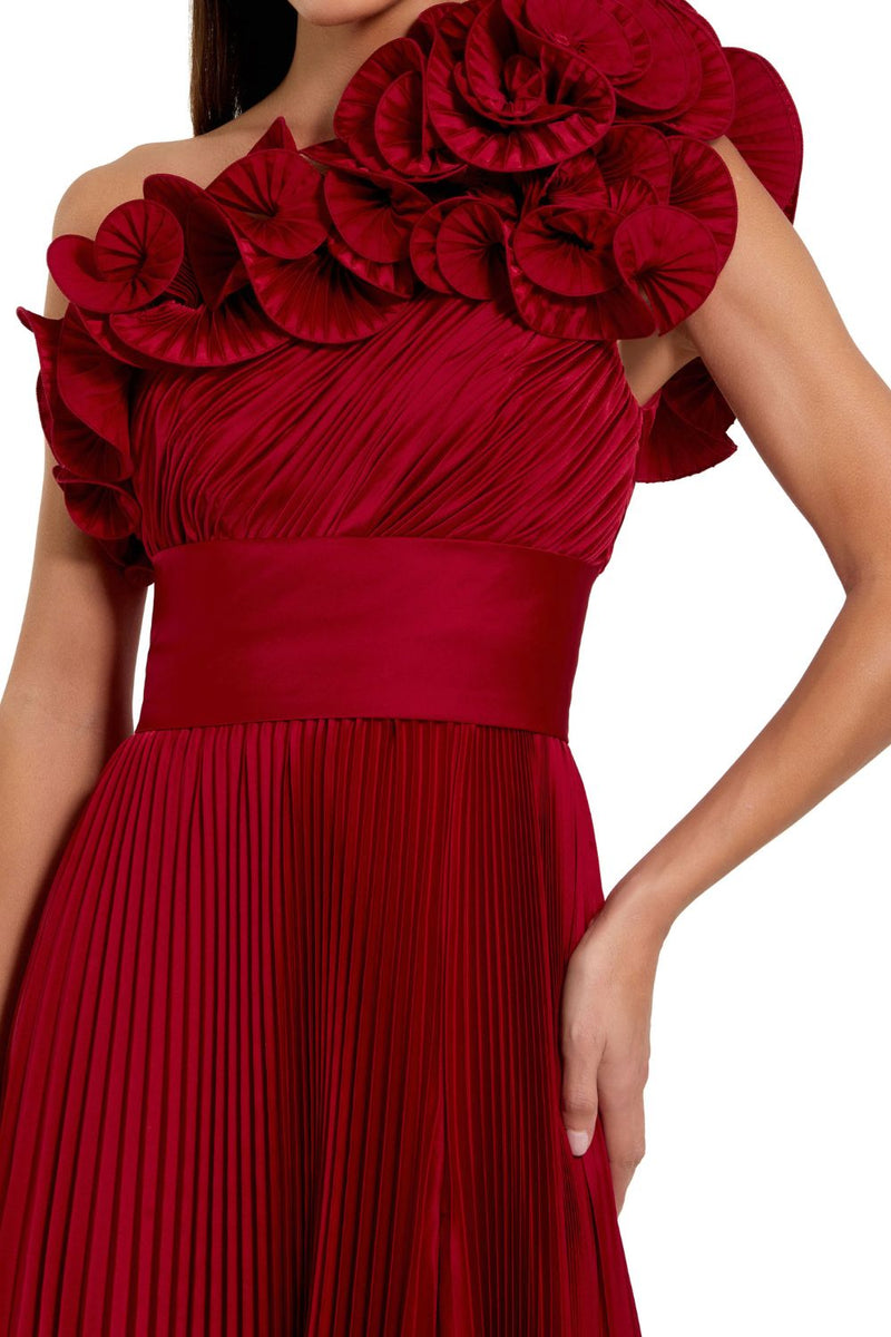 49902-Pleated Charmeuse One Shoulder Ruffle Gown by Mac Duggal in red color for women in Singapore