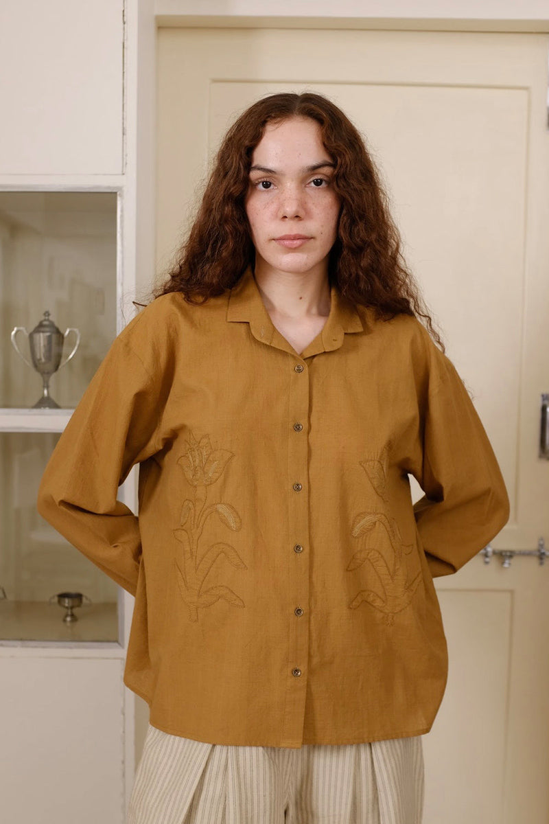 Auburn Top handwoven cotton top/shirt by MASON AND MILL in mustard yellow for women in Singapore