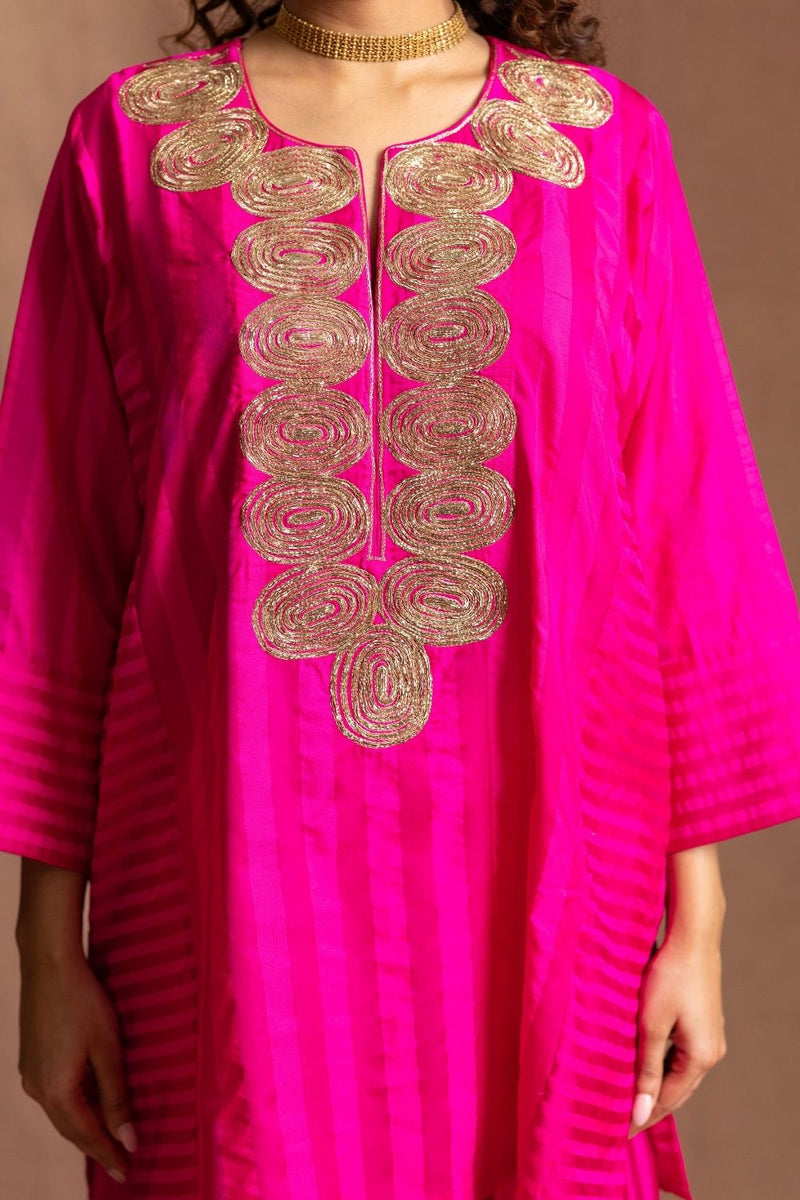Silk Striped Farshi-Pink Stripes Pure Silk Kurta Set Sabo by Sabina — Canvas & Weaves Singapore