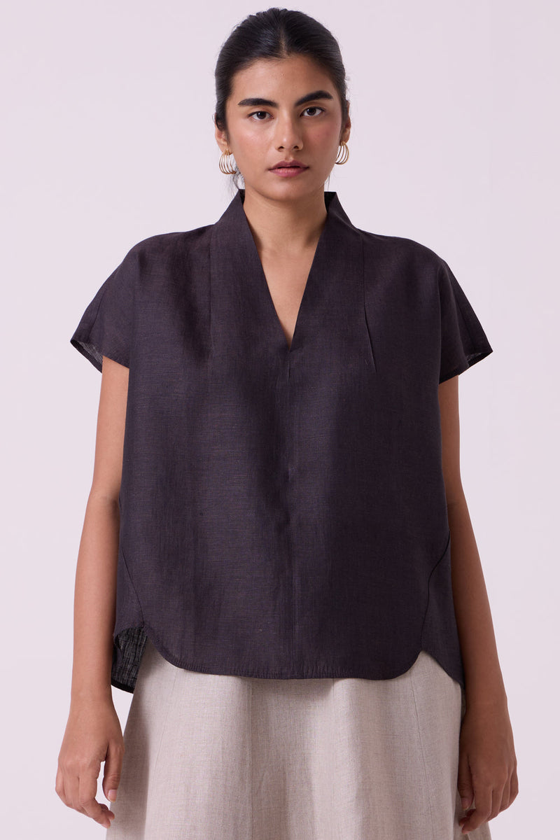Orion Charcoal Linen Top linen top/shirt by The Summer House in black for women in Singapore