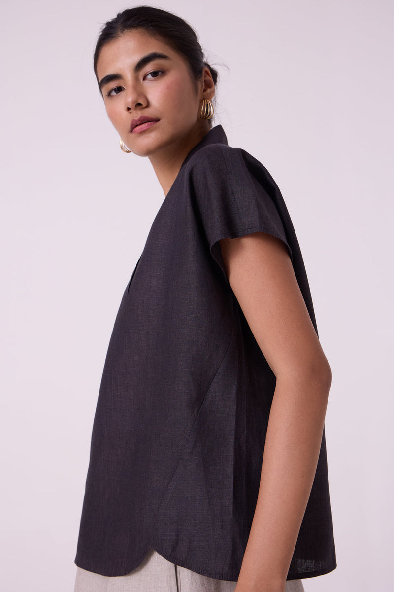Orion Charcoal Linen Top linen top/shirt by The Summer House in black for women in Singapore