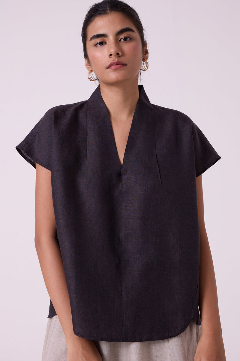 Orion Charcoal Linen Top linen top/shirt by The Summer House in black for women in Singapore