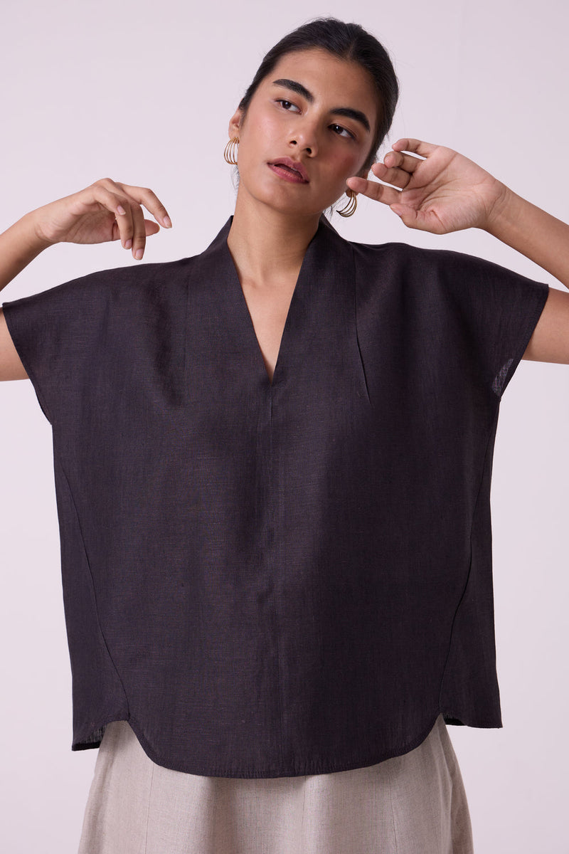 Orion Charcoal Linen Top linen top/shirt by The Summer House in black for women in Singapore