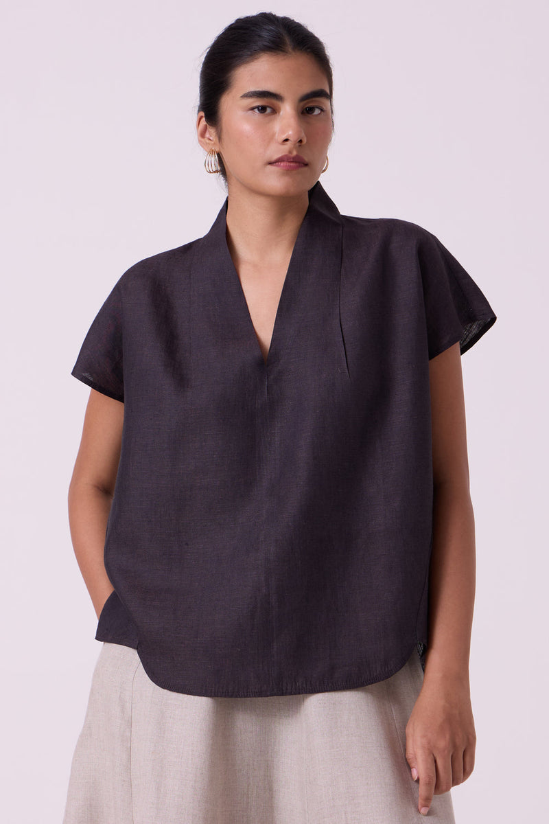 Orion Charcoal Linen Top linen top/shirt by The Summer House in black for women in Singapore