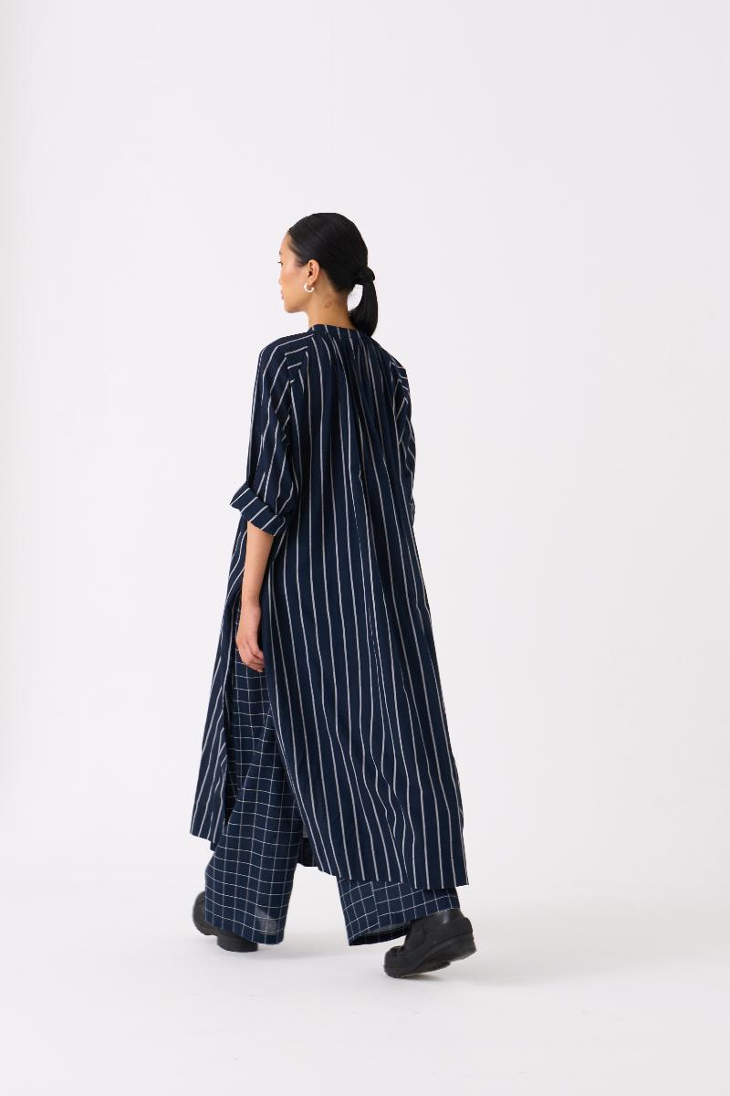 GATHER NECK SHIRT-BLACK STRIPE mul by THREE in black color for women in Singapore
