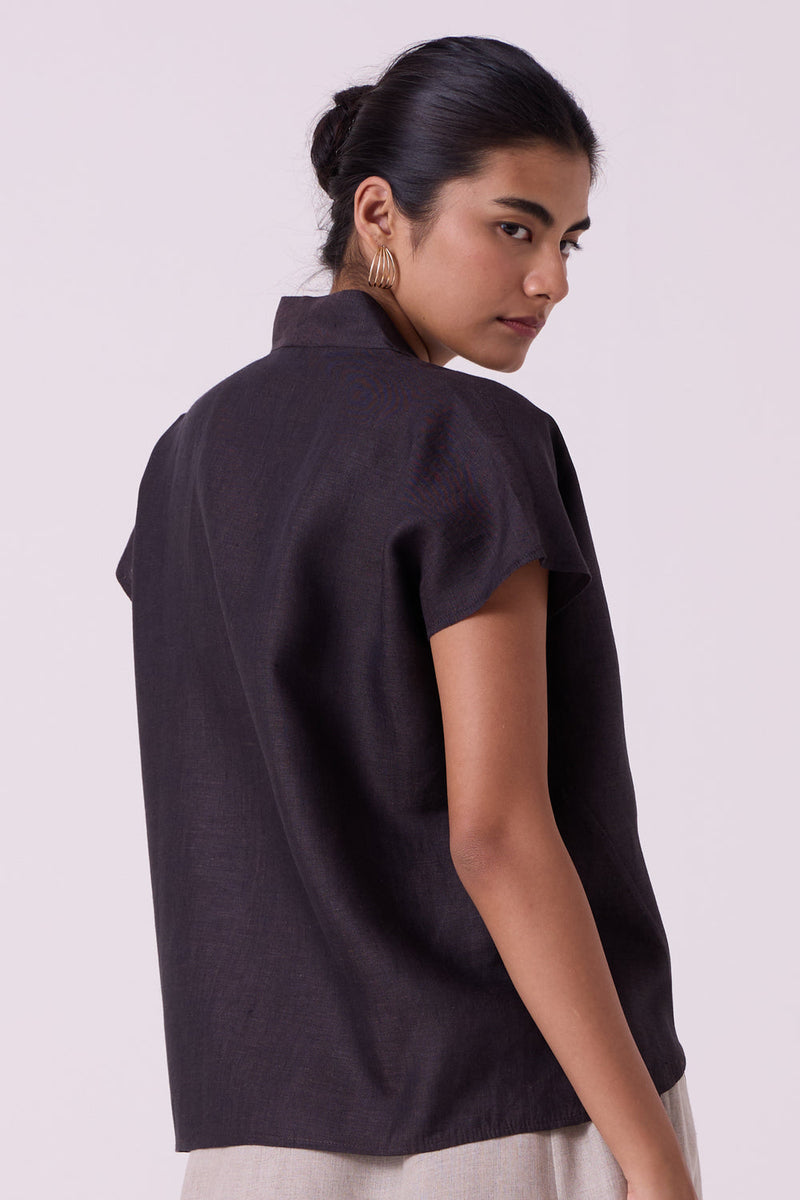 Orion Charcoal Linen Top linen top/shirt by The Summer House in black for women in Singapore