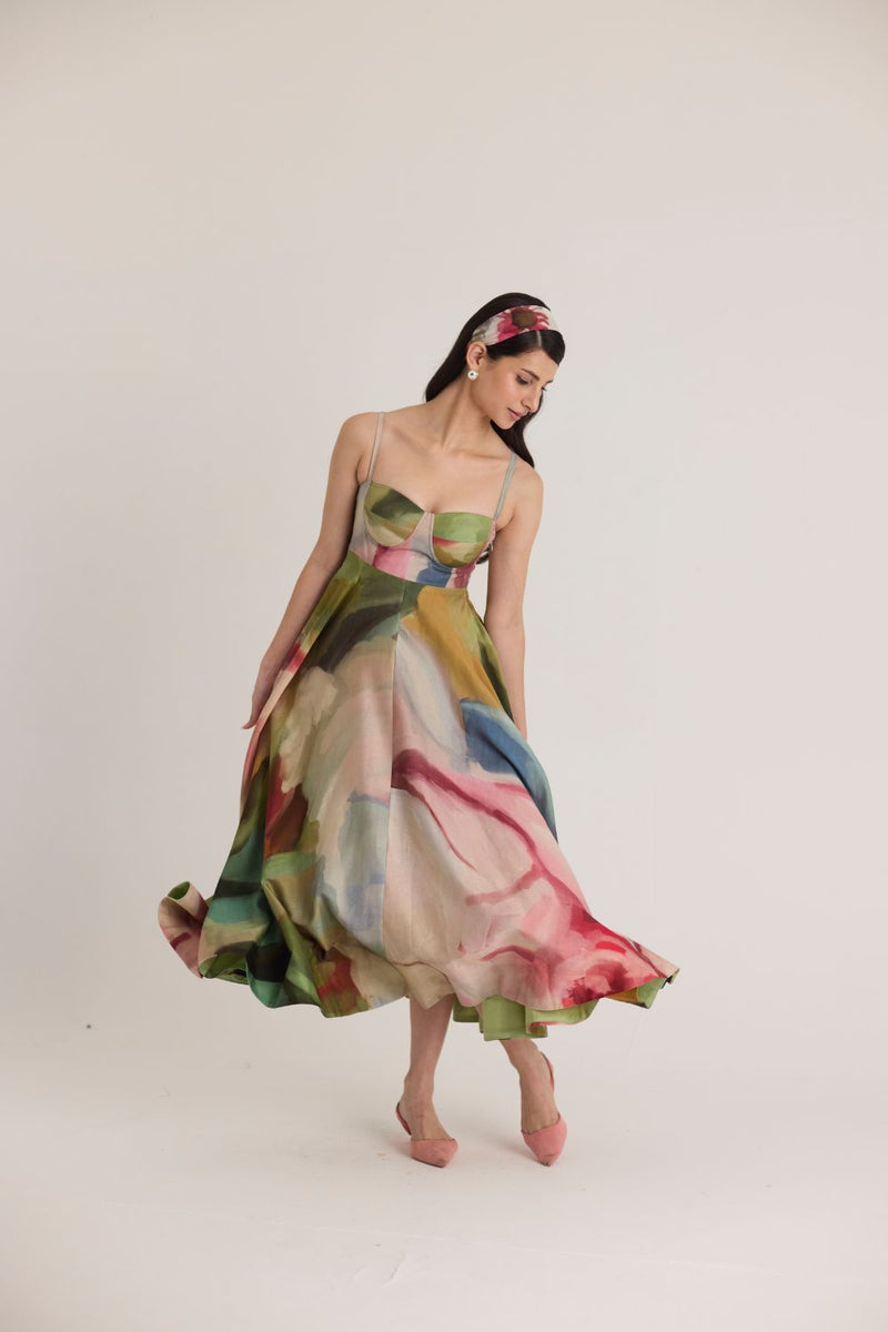 TILLY FLARED BRALETTE DRESS satin by Yam in multi color for women in Singapore