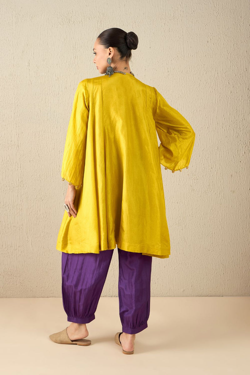AFGHANI SILK SET - Yellow upper, Purple pants silk by Aavidi in yellow color for women in Singapore